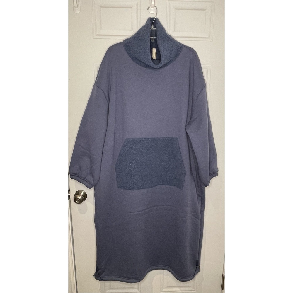 Nap Loungewear Oversized OS Fleece Lined Knit Lounge Dress Blue Drawstring NWT